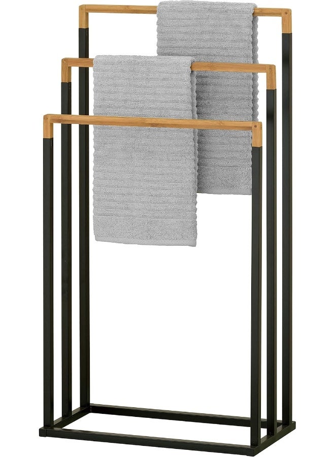 MyGift 33 Inch Black Chrome Plated Metal Freestanding Bathroom Towel Stand With 3 Tier Bamboo Wood Bar  - Image 3