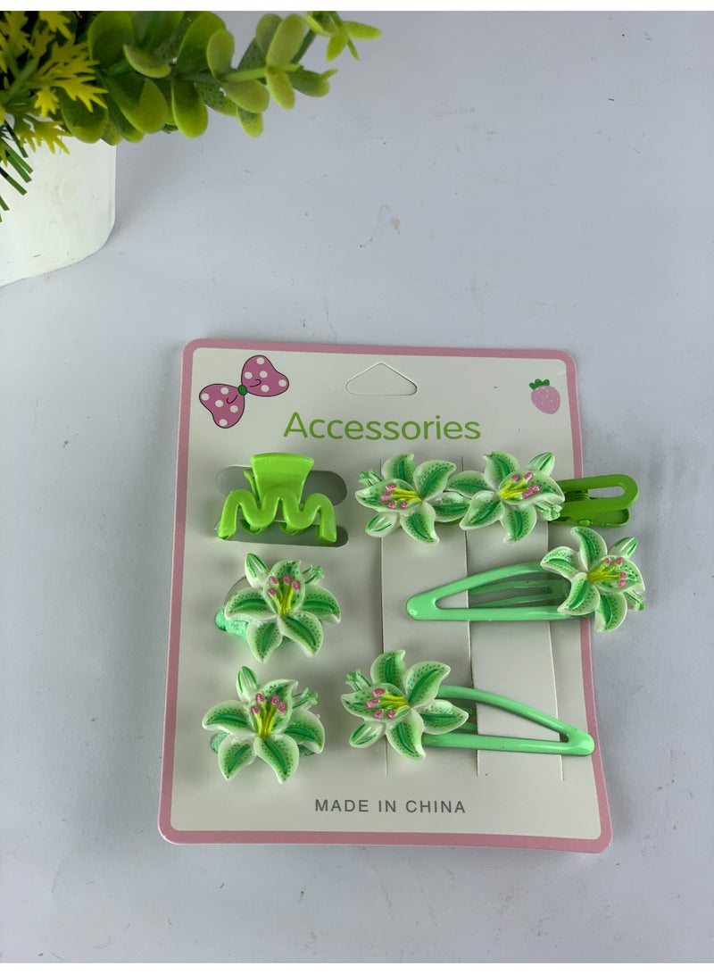 Girls Floral Hair Accessories Set (Clips & Elastics) – 6 Pieces, Elegant Flower Design - Image 2