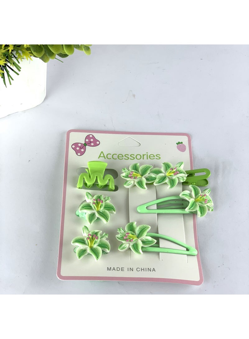 Girls Floral Hair Accessories Set (Clips & Elastics) – 6 Pieces, Elegant Flower Design - Image 1