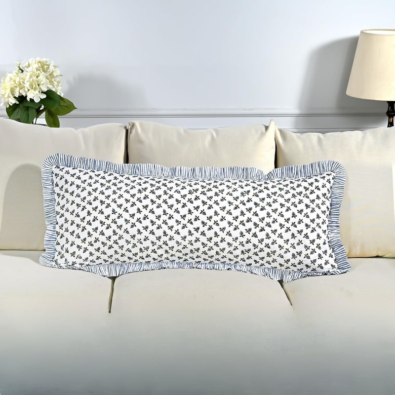 Ridhi Block Print Baby Blossom 36"x14" Set 1-100% Cotton Ruffle Lumbar Sham Cover Boho Floral Pillowcase, Farmhouse Cottagecore Bedding, Soft Decorative Cover Gift for Spring, Easter, Valentine - Image 1