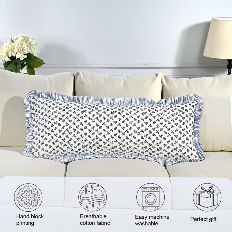 Ridhi Block Print Baby Blossom 36"x14" Set 1-100% Cotton Ruffle Lumbar Sham Cover Boho Floral Pillowcase, Farmhouse Cottagecore Bedding, Soft Decorative Cover Gift for Spring, Easter, Valentine - Image 4
