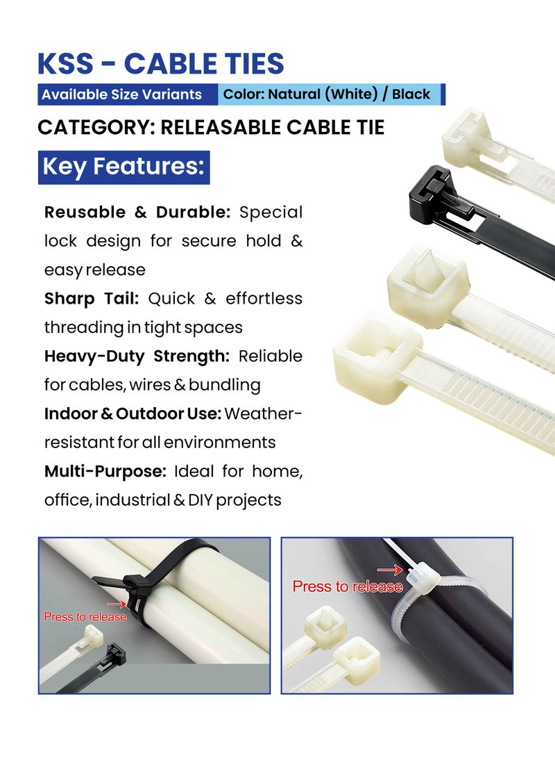 KSS Releasable Cable Ties – Heavy Duty, Reusable & Durable with Special Lock Design, Sharp Tail for Easy Installation 100Pieces/Pack  - Image 5
