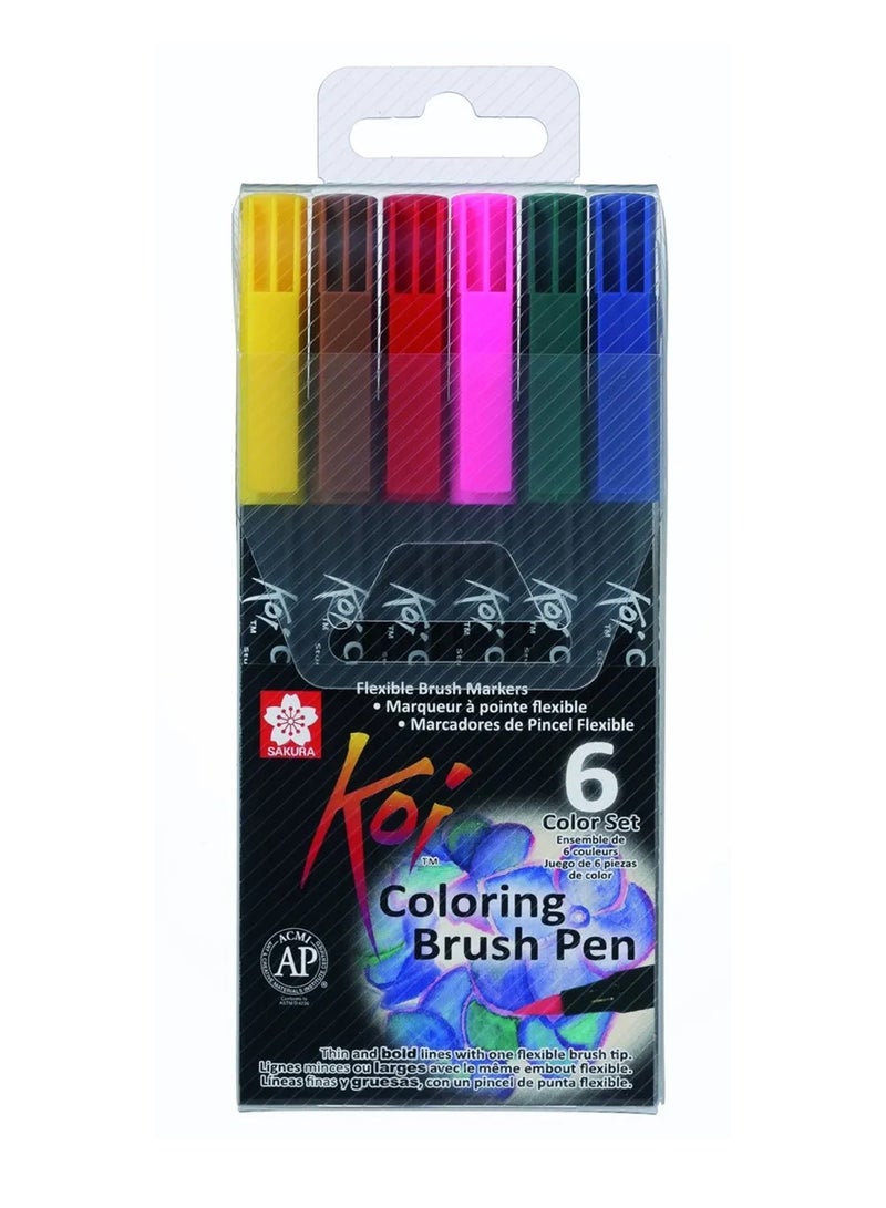SAKURA 6-Piece Koi Colouring Brush Pen Set Basic Colours - Image 1