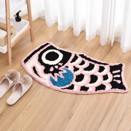 Feblilac Cute Fish Bath Rug Mat Soft Non-Slip Bathroom Rug Japanese Style Koi Flag Floor Carpet for Shower Room, Water Absorbent Indoor Mats, Machine Washable 17.7"x33.4" (Black Pink) - Image 1