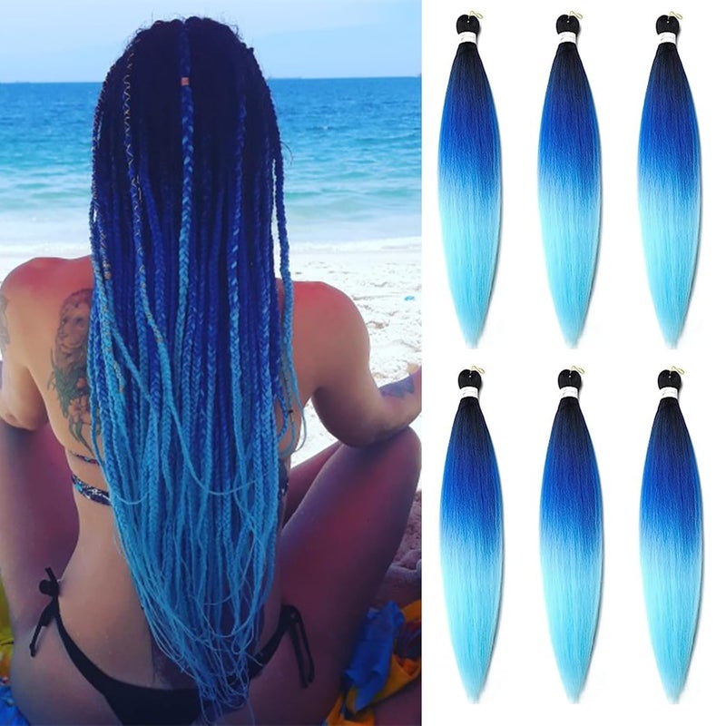 Pre Stretched Braiding Hair Extensions 26 Inch 6 Pcs Phoenixfly Ombre Braiding Hair Professional Crochet Braiding Hair for Box Braids Senegal Twist Hair ExtensionsBlackBlue