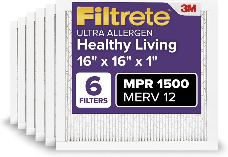 FILTRETE 16x16x1 AC Furnace Air Filter, MERV 12, MPR 1500, CERTIFIED asthma & allergy friendly, 3 Month Pleated 1-Inch Electrostatic Air Cleaning Filter, 6-Pack (Actual Size 15.81x15.81x0.78 in) - Image 1