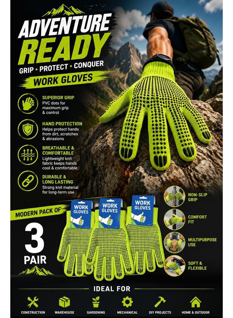 3 Pair Work Gloves with Non-Slip PVC Dots – Breathable Knit Safety Gloves for Construction, Gardening, Warehouse, Mechanical and DIY Projects - Image 3