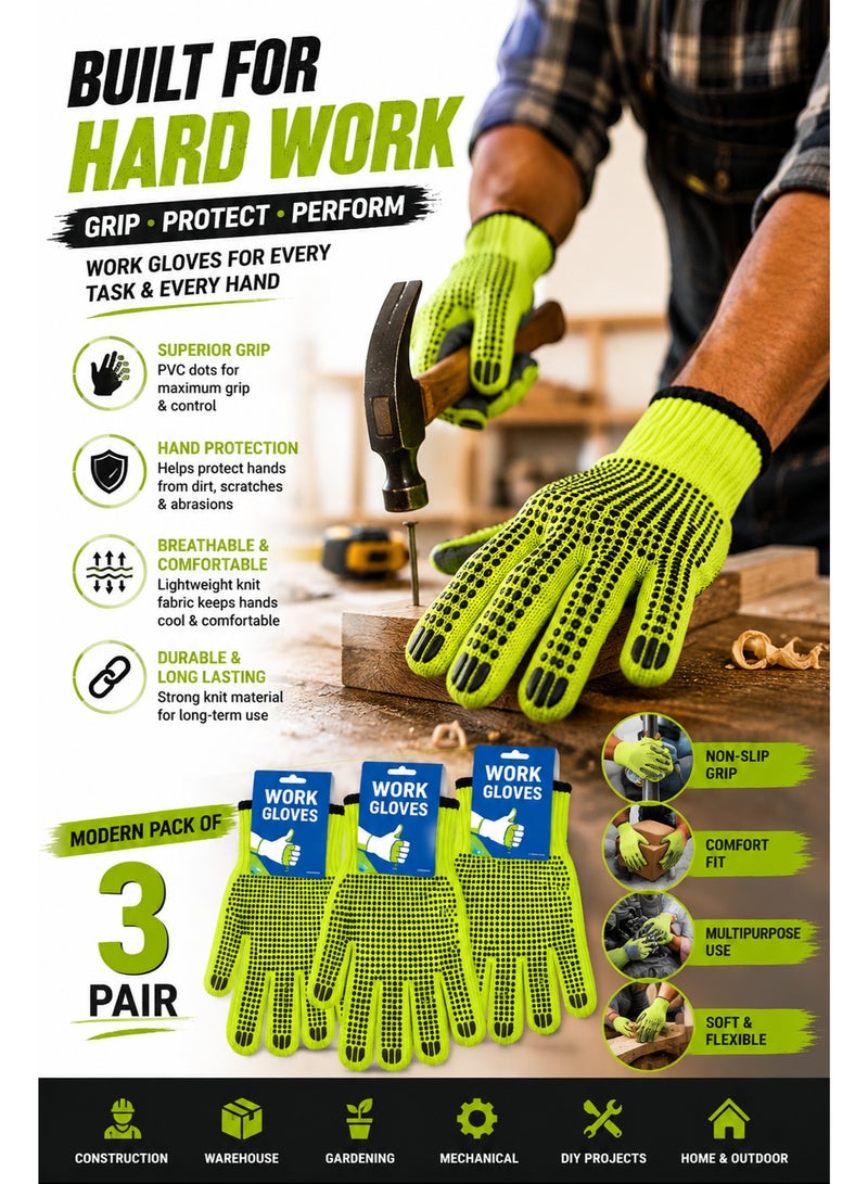 3 Pair Work Gloves with Non-Slip PVC Dots – Breathable Knit Safety Gloves for Construction, Gardening, Warehouse, Mechanical and DIY Projects - Image 4