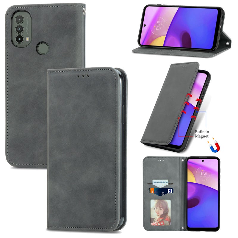 HuHa Case Cover For Motorola Moto E40 Retro Skin Feel Magnetic Horizontal Flip Leather Case(Grey) - Image 1