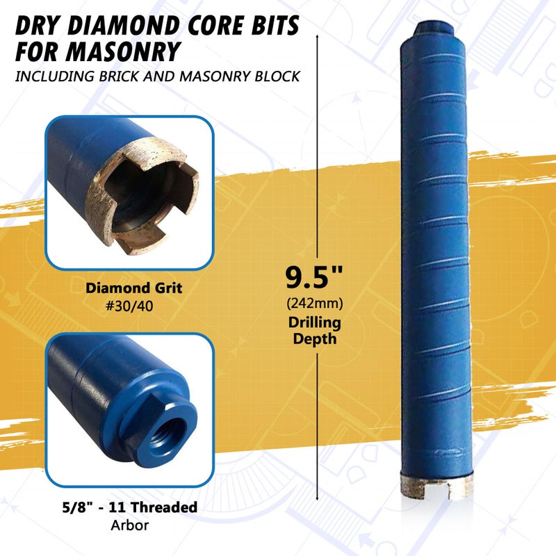 EDiamondTools 2" Dry Diamond Core Drill Bits for Brick, Block or Masonry, 9.5" Drilling Depth, 5/8"-11 Arbor - Image 1