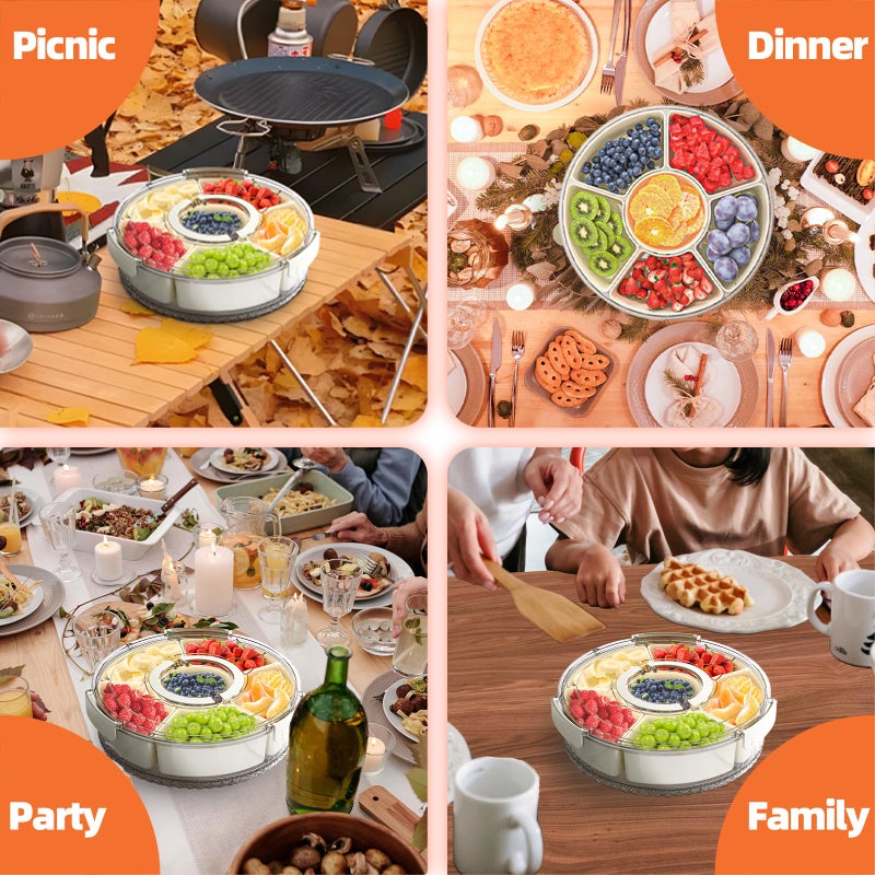 riyeloi Divided Serving Tray with Lid and Handle, Stackable Snackle Box Container for Fruits Candy Organizer, Portable Spinning Rounded Veggie Tray for Kitchen, Party, Trave and Picnic-2 Pack - Image 5