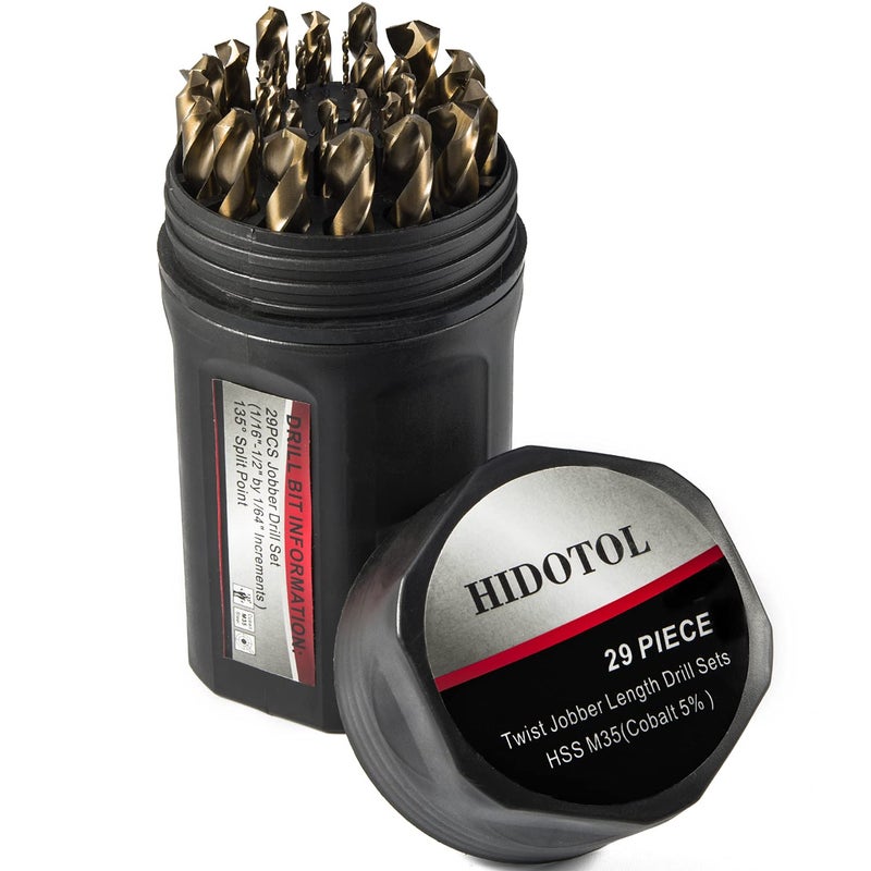 HIDOTOL Cobalt Drill Bit Set 29 PCS M35 High Speed Steel Twist Jobber Drill Bits for Hardened Metal Stainless Steel Cast Iron Plastic and Wood with Indexed Round Case11612 by 164 THS
