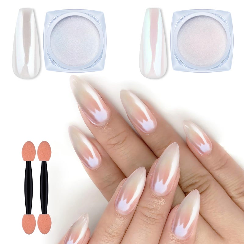 Artdone 2 Jars Chrome Nail Powder White and Red Pearl Iridescent Aurora Powder Metallic Mirror Effect Pigment Pearlescent Mermaid Pearl Dust Kit Decoration Resin Craft