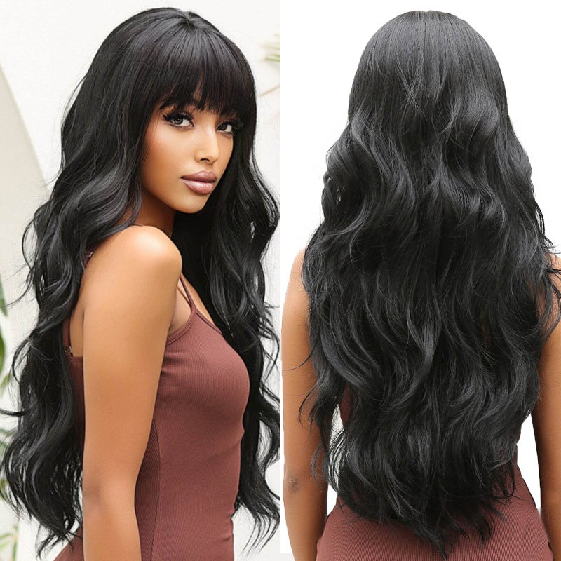 OUFEI Long Wavy Brack Wigs for Women Natural Synthetic Hair Heat Resistant Wigs for Daily Party Cosplay Wear28 Inches - Image 2