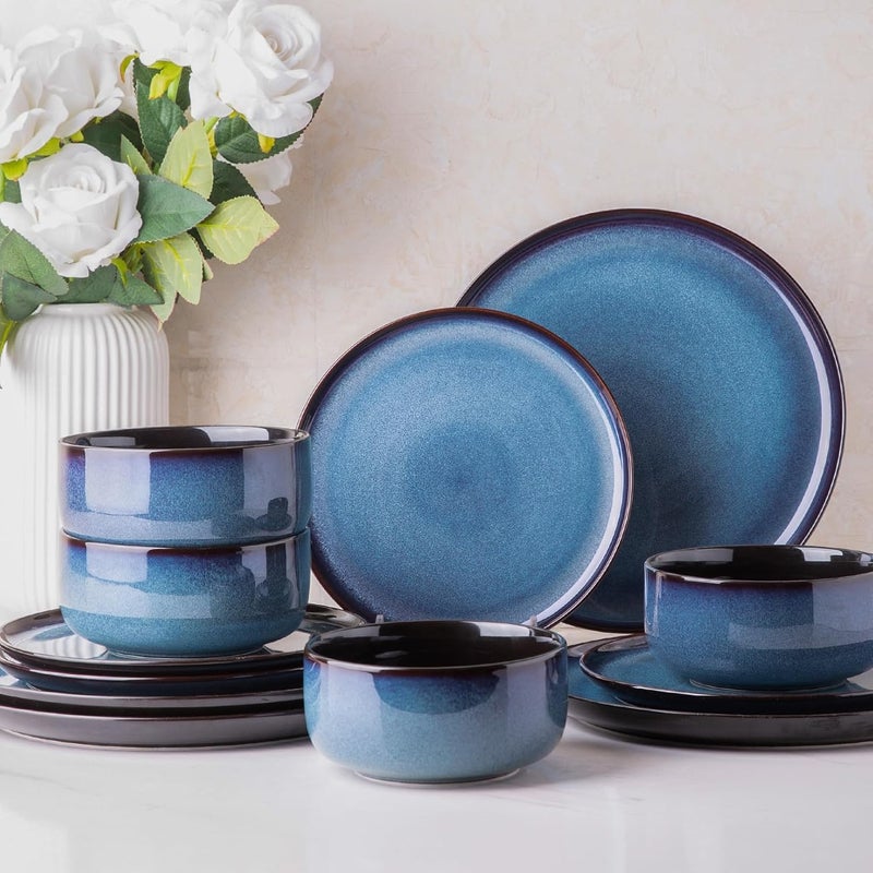 LeRatio Ceramic Dinnerware Sets for 4Porcelain Plates and Bowls SetsHandmade Reactive Glaze Dishes SetChip Resistant and Scratch Resistant  OvenDishwasher  Microwave SafeService for 4Blue - Image 1