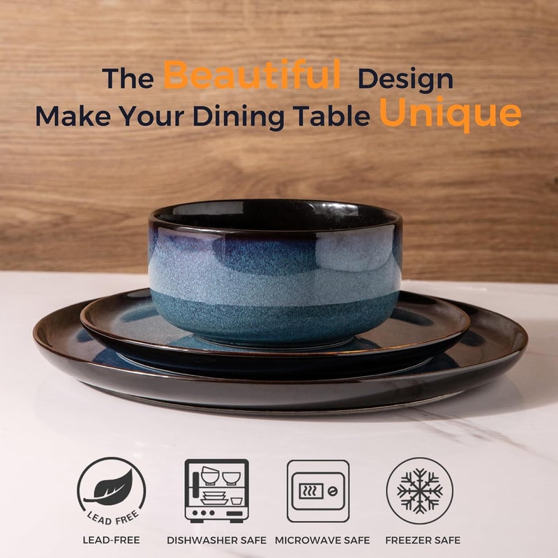 LeRatio Ceramic Dinnerware Sets for 4Porcelain Plates and Bowls SetsHandmade Reactive Glaze Dishes SetChip Resistant and Scratch Resistant  OvenDishwasher  Microwave SafeService for 4Blue - Image 2