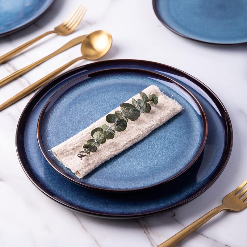 LeRatio Ceramic Dinnerware Sets for 4Porcelain Plates and Bowls SetsHandmade Reactive Glaze Dishes SetChip Resistant and Scratch Resistant  OvenDishwasher  Microwave SafeService for 4Blue - Image 3