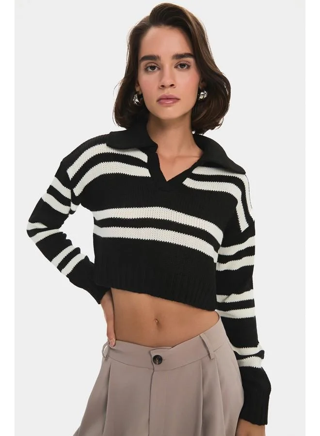 JUNE June Women Striped Collar Detailed Crop Sweater Black