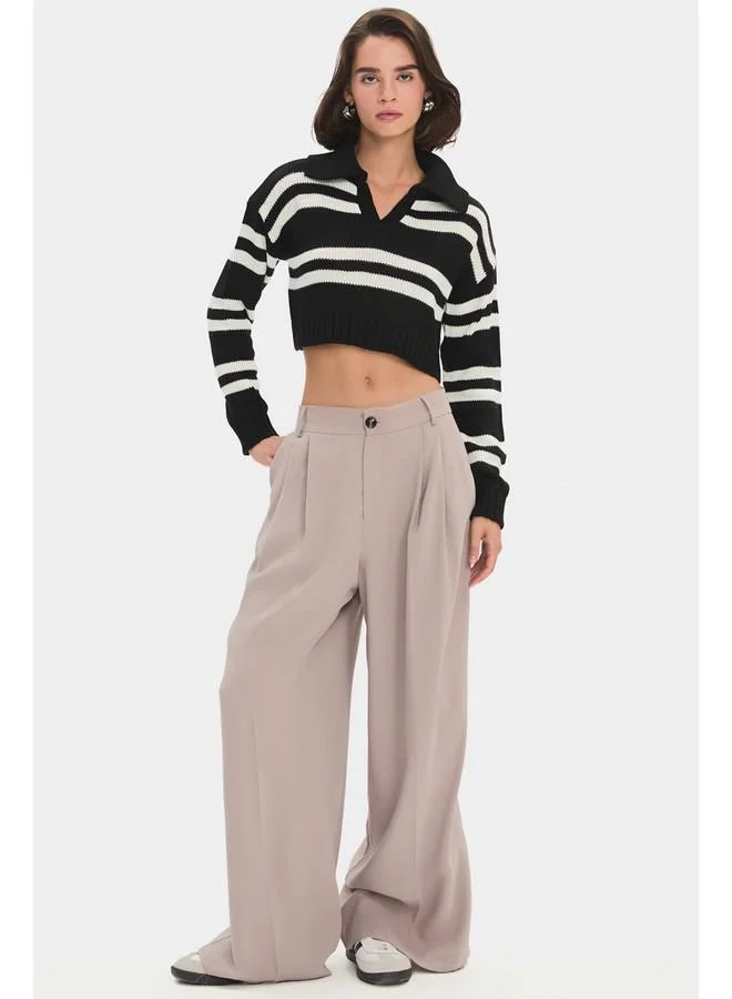 JUNE June Women Striped Collar Detailed Crop Sweater Black