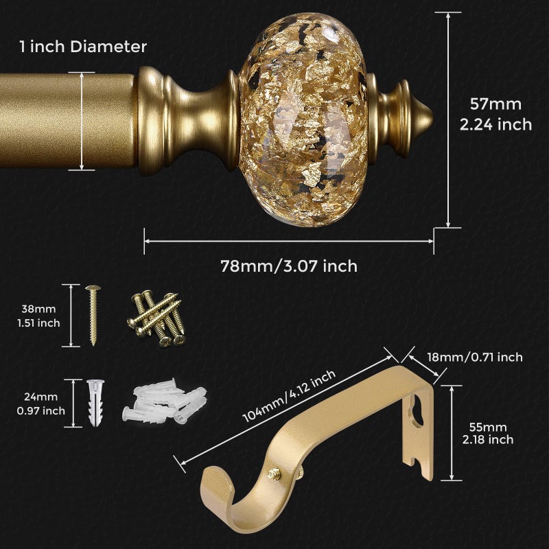 JRZOO 2 Pack Gold Curtain Rod for Windows 28 to 48 Inches, 1'' Heavy Duty Adjustable Modern Drapery Rods with Unique Crystal Finials, Luxury Decorative Curtain Rods, Size: 30-60'' - Image 4
