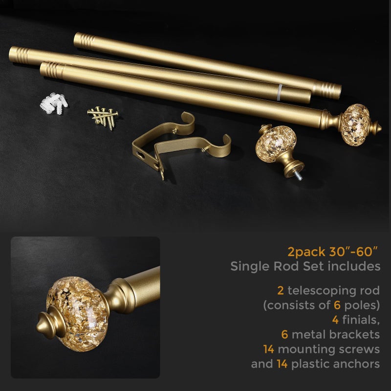 JRZOO 2 Pack Gold Curtain Rod for Windows 28 to 48 Inches, 1'' Heavy Duty Adjustable Modern Drapery Rods with Unique Crystal Finials, Luxury Decorative Curtain Rods, Size: 30-60'' - Image 3