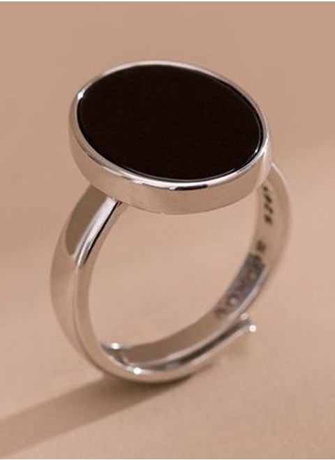 Korean Simple S925 Sterling Silver Inlaid with Black Agate Smooth High-end Fashion Niche Retro Personality