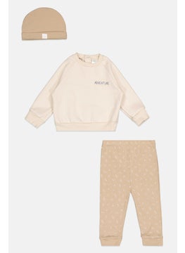 Lily & Jack Toddlers Girl 3 Piece Graphic Print Sweatshirt And Sweatpants With Beannie Set, Beige Combo  - Image 1
