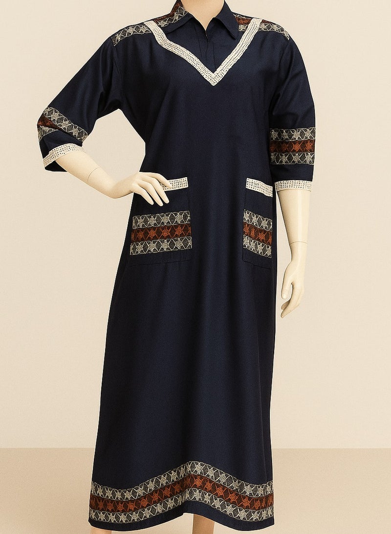 Uniform, long shirt, medium length sleeves. 