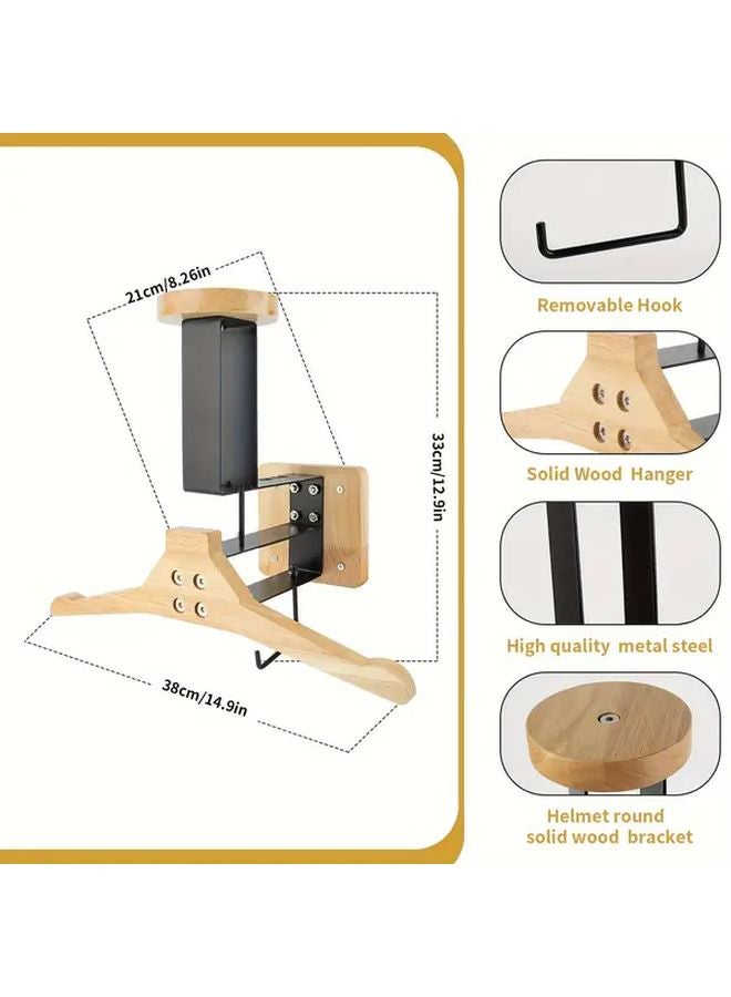 Black Wall Mounted Helmet Hanger Removable Hook Solid Wood Metal Gear Storage - Image 3