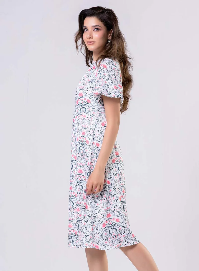 Zigzag Neck Pleated Printed Satin Dress