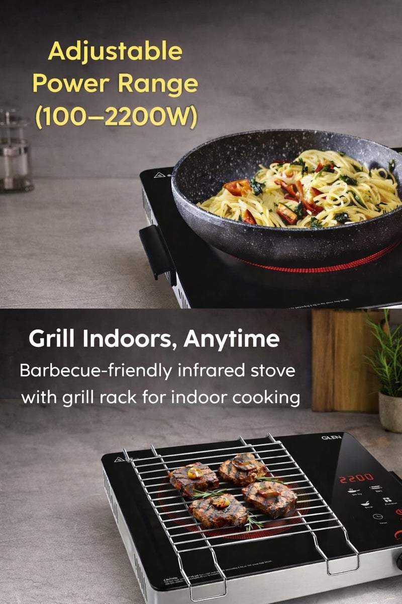 Glen 2200W Infrared Cooktop Stove with Steel Grill Rack Touch Control, Polished Crystal Glass Plate, Digital Display 3 Modes, 4.5KV Surge Protection for Induction & Flat Bottom Utensils (SA-3074IR22) - Image 4