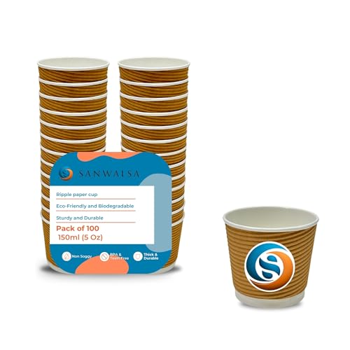 SANWALSA [150 ml, 100 Count, Brown Disposable Ripple Paper Cups | Eco-Friendly & Heat-Resistant Cups for Wedding, Party, Picnic, Cafes | Ideal for Tea, Coffee, Juice & Water - Image 2