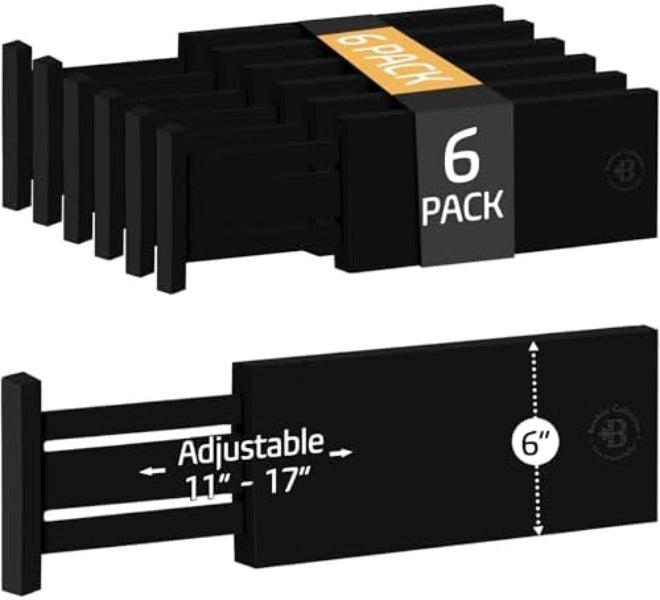 6-Pack Drawer Dividers 6 Inch High, 11”-17 Adjustable Bamboo Organizers Large Expandable Drawer Separators for Cloths, Dresser, Bedroom, Bathroom, Baby Drawer, Office u0026 Kitchen Utensils (Black)