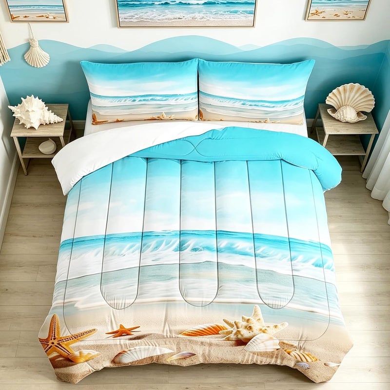 FUYEUN Beach Comforter Set Twin, Coastal Nature Theme Pattern Bedding for Kids Boys Girls Bedroom, Ocean Hawaiian Starfish Quilt Sets, 1 Comforter, 1 Pillowcase, Blue Home Decor - Image 1