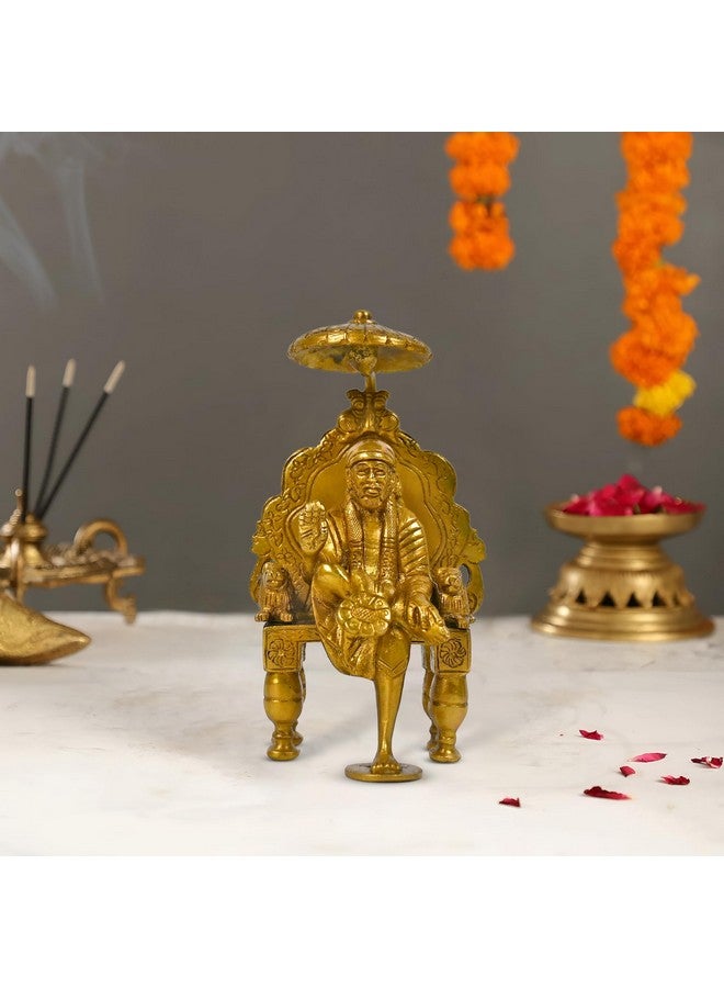 CRAFTHUT Beautiful Brass Statue Idol Shirdi Sai Baba with Chair and Chatra Statue Religious Harmony Gift Spiritual for Home Décor, Office Decorative Items (LXBXH- 8.5 X7.0 X15.0 CMS) - Image 1