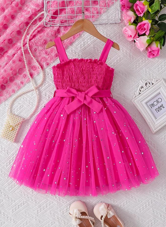 Take Two Take Two Girls Neon Pink Embellished Smocking Detail A-Line Dress