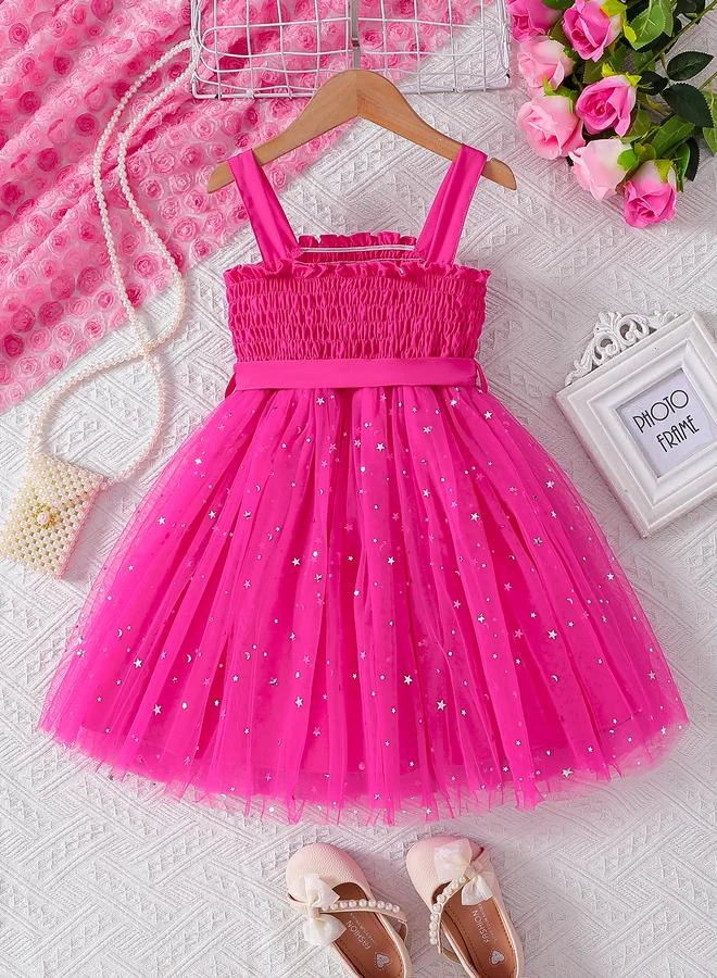 Take Two Take Two Girls Neon Pink Embellished Smocking Detail A-Line Dress
