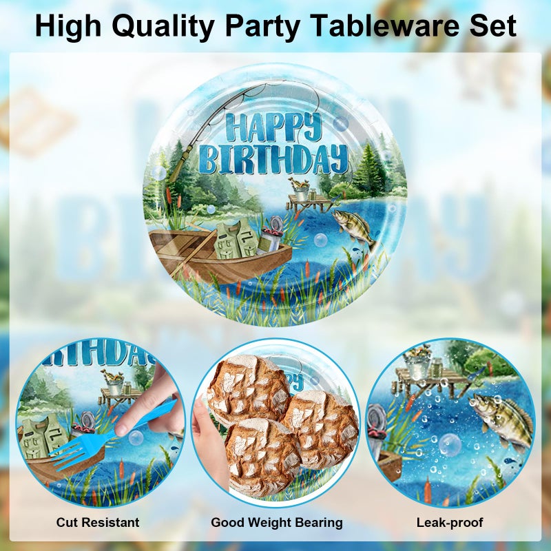 Avezano 192 Pcs Fishing Birthday Decorations Fishing Birthday Party Disposable Plates And Napkins Set Fisherman Party Paper Tableware Supplies Serve 24 - Image 3