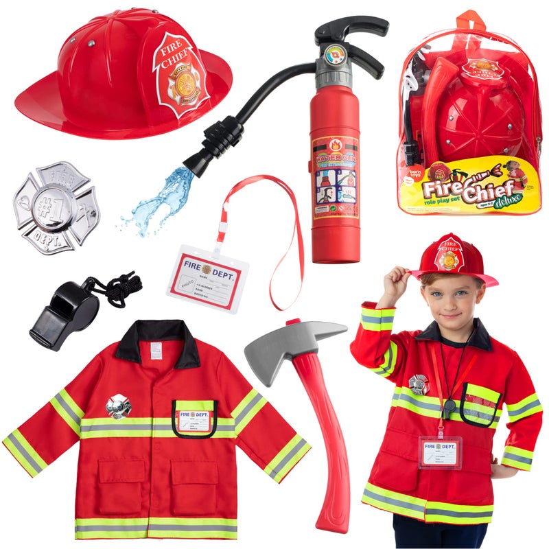 Born Toys 8 PC Premium Washable Kids Fireman Costume Toy for Kids,Boys,Girls,Toddlers, and Children with Complete Firefighter Accessories - Image 1