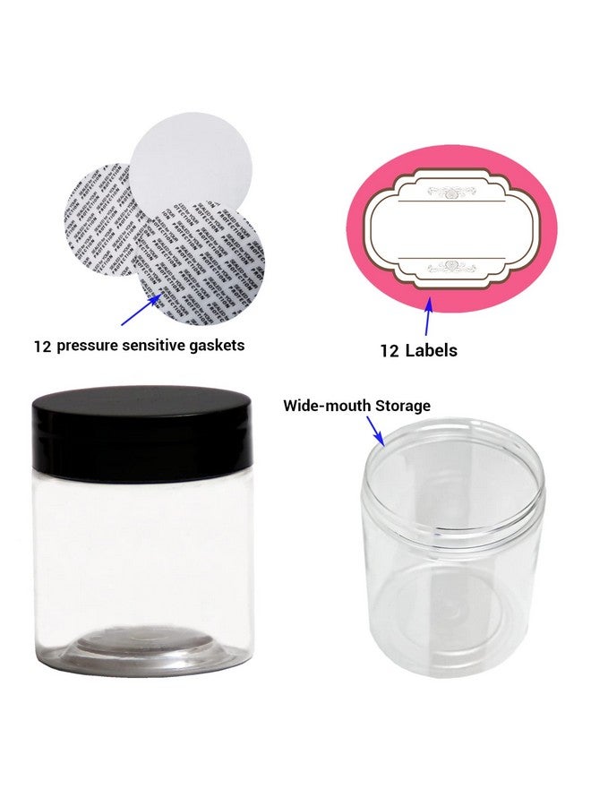 hodooly 12 Pack 6 Oz Plastic Jars With Lids,Wide-Mouth Clear Storage Containers With Black Lids,Empty Round Clear Plastic Jars With Lids And Labels For Body Butter,Bath Salt,Slime And Beauty Products - Image 3