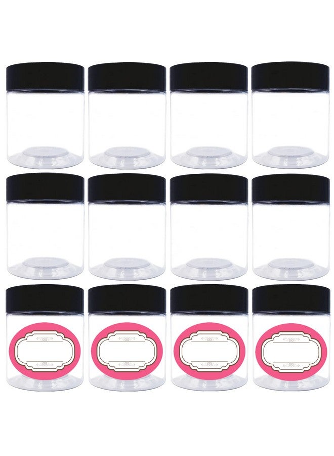 hodooly 12 Pack 6 Oz Plastic Jars With Lids,Wide-Mouth Clear Storage Containers With Black Lids,Empty Round Clear Plastic Jars With Lids And Labels For Body Butter,Bath Salt,Slime And Beauty Products - Image 1
