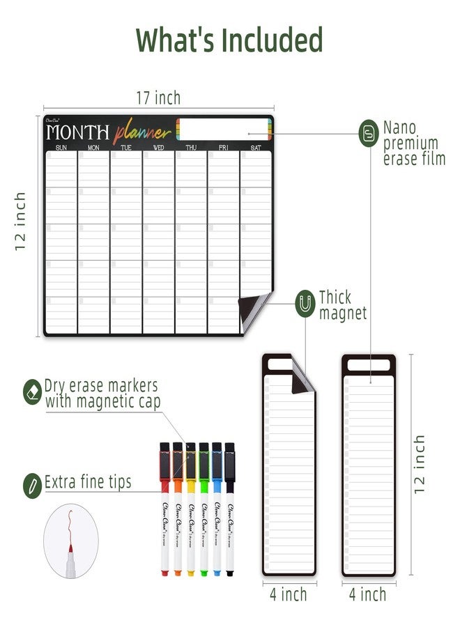Clever Clean Magnetic Dry Erase Monthly Calendar - 17"x12" Monthly Calendar for Fridge - 4"x12" List Board 2 Pcs - 6 Extra Fine Point Markers Included - Shipped Flat - Image 2