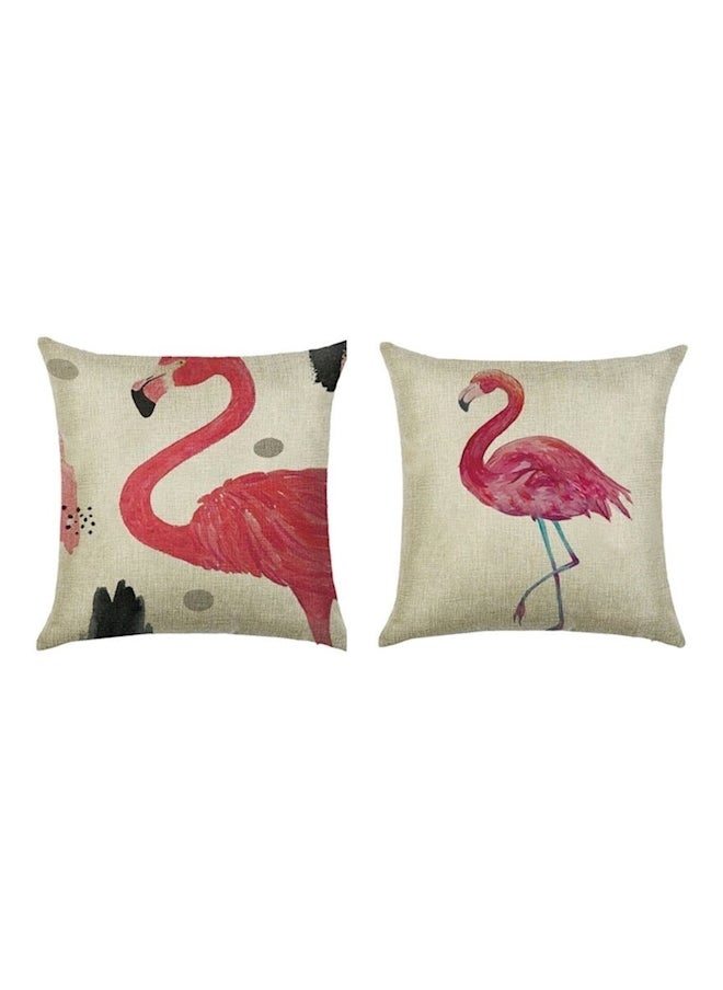 Generic - 2 Piece Flamingo Print Cotton Linen Square Cushion Cover Multicolour - Image 1