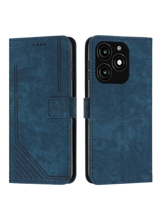 Green Tiger For Tecno Spark 20 Skin Feel Stripe Pattern Leather Phone Case with Long Lanyard(Blue)