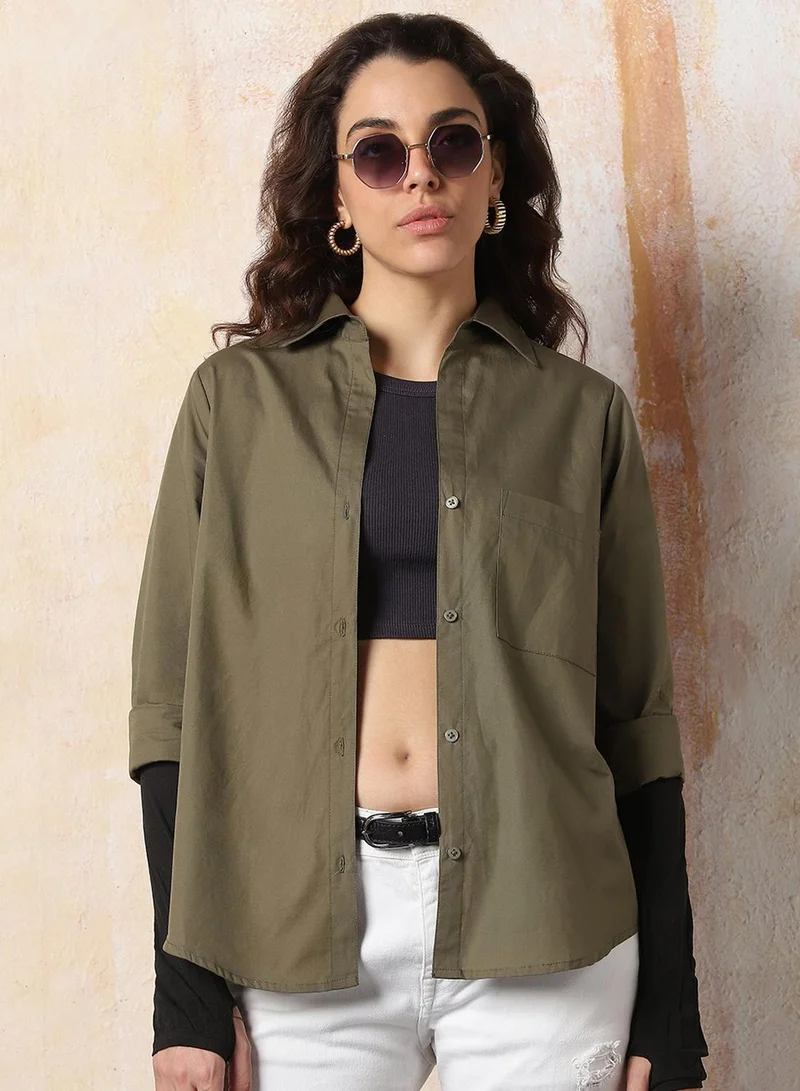 Women Comfort Fit Spread Collar Solid Cotton Casual Shirt