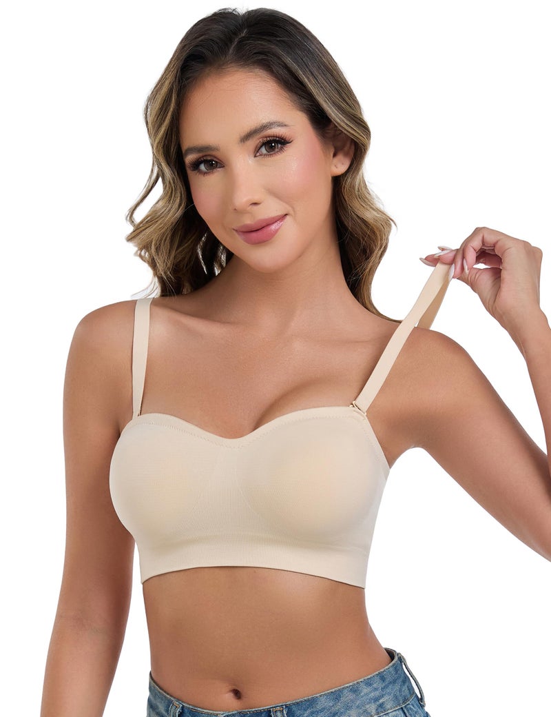 ANGOOL Strapless Bras for Women Wirefree Non-Slip Tube Top Invisible Bralette Seamless Padded Bandeau Bra, Beige, XL - Image 5