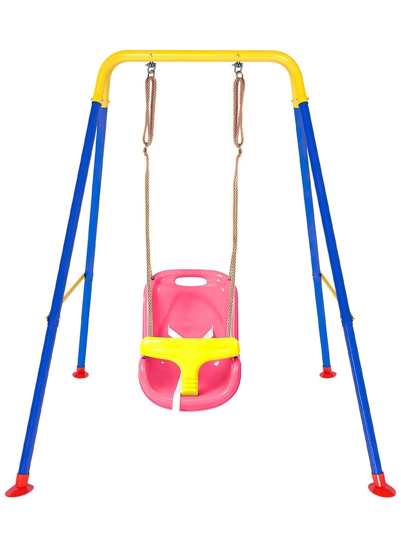 Funz Toddler Swing Set with Frame Indoor & Outdoor Baby Swing with Foldable Metal Stand Kids Swing Set for Backyard, Easy to Assemble & Store, Pink - Image 1