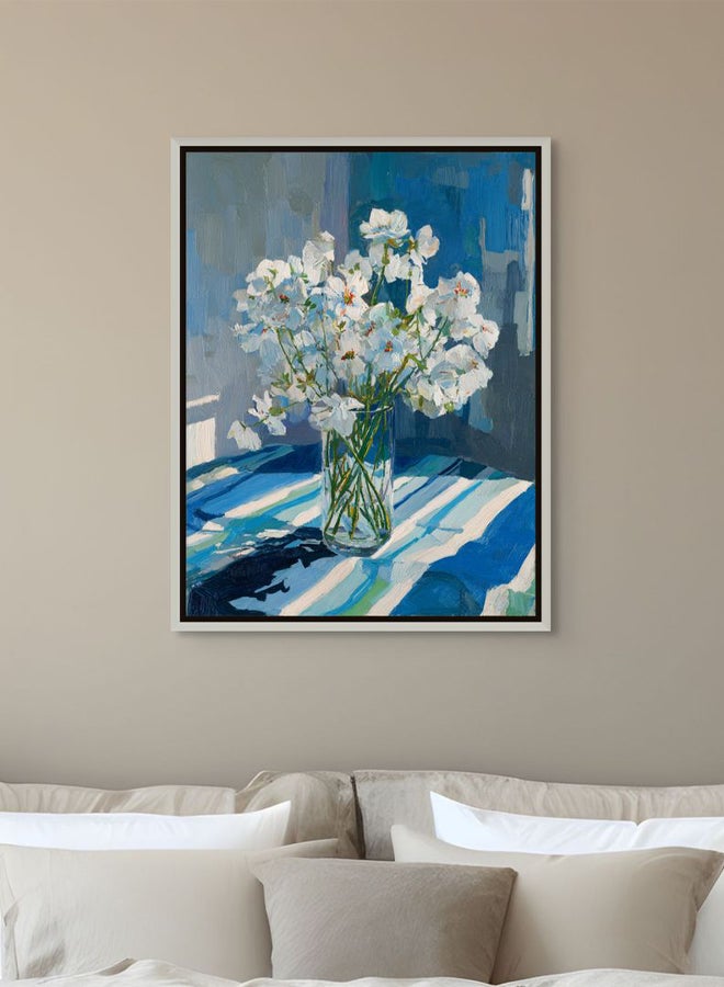 Art Decor Framed Canvas Portrait Print of Blue and White Flowers in Vase Wall Art Modern Floral Botanical Art Print for Home Living Room Bedroom Office Studio - Image 2