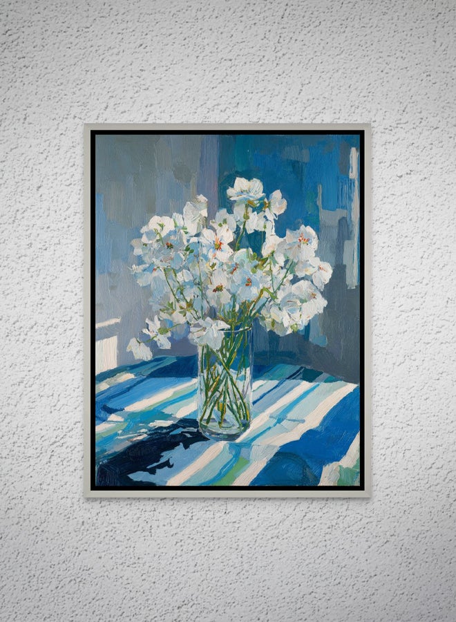 Art Decor Framed Canvas Portrait Print of Blue and White Flowers in Vase Wall Art Modern Floral Botanical Art Print for Home Living Room Bedroom Office Studio - Image 1