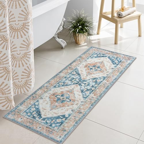 Uphome Blue Long Bathroom Rug Boho Tribal Bathroom Rug Runner Soft Plush Machine Washable Bath Mats Non-Slip Oriental Vintage Bath Rugs for Bathtub Sink Vanity, 18x47 inch - Image 1